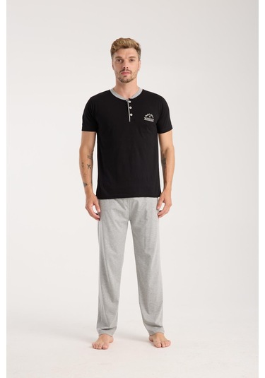 Akbeniz Erkek Siyah Düğmeli Yaka Kısa Kol Pijama Takımı