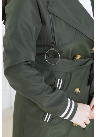 Bondit Kumaş Ribanalı Uzun Boy Trençkot / Haki - M0110 Haki
