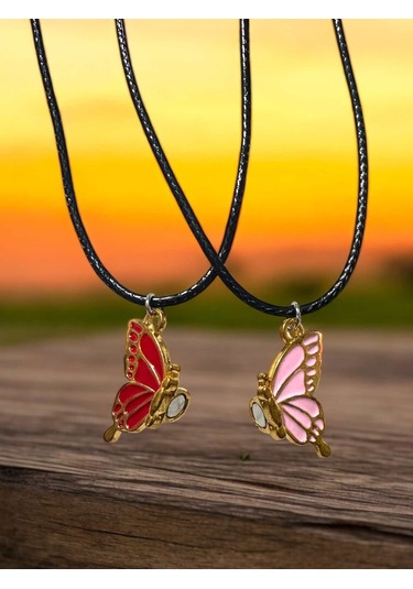 Kelebek İki Renk Iki Adet Mıknatıslı Çift Sevgili Kolye Takı Çok Renkli