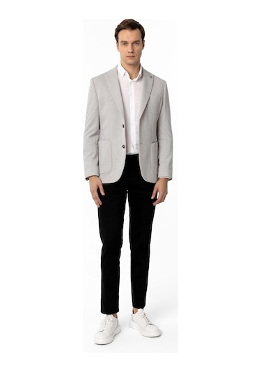 Süvari Gri Slim Fit Armürlü Sivri Yaka 6 Drop Ceket
