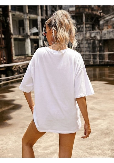 Kadın Beyaz Oversize Outher Banks Baskılı T-shirt Beyaz-67370