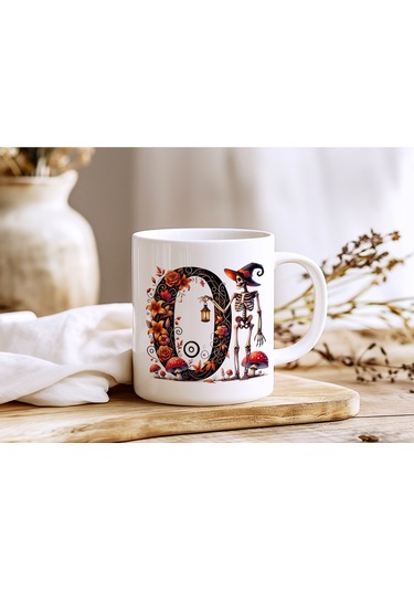 O Harfi Şapkalı İskelet Figürlü Ve Çiçekli Kupa Bardak - Cadılar Bayramı / Halloween Özel Hediye Beyaz