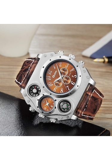 Erkek Askeri Sporlar Kuvars Bileği İzle İki Saat Dilimi Pusulası Ve Termometre Dekoratif Kadran Deri Kayış Serin Saat Kahverengi Koyu Kahverengi