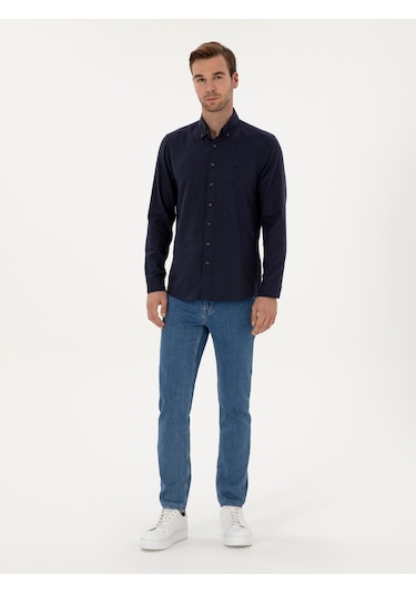 Cacharel Lacivert Slim Fit Pamuk Karışımlı Yakası Düğmeli Flanel Gömlek