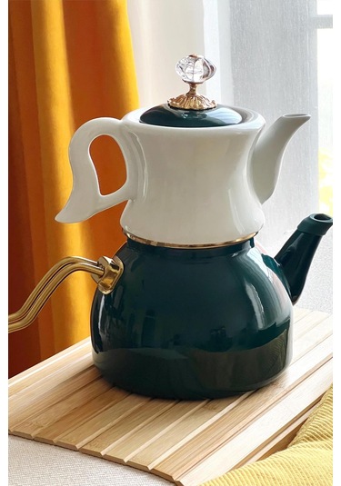 Nishev Dufy Serisi Porselen Demlikli Emaye Çaydanlık Takımı - Yeşil