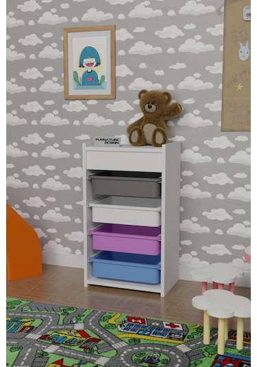 4 Sepetli Oyuncak Dolabı Çok Amaçlı Dolap Beyaz - Karışık Beyaz