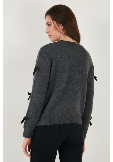 Lela Premium Regular Fit Bisiklet Yaka Fiyonk Detaylı Triko Bayan Kazak 680Kz00155 Antrasit