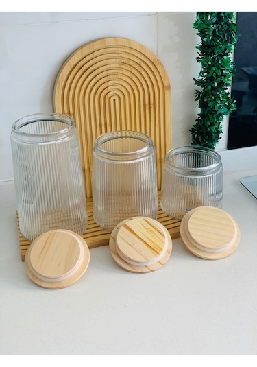 Qerhome Bambu Kapaklı Vakumlu 3'lü Çizgili Kavanoz Seti 800/1300/1800 Ml ŞEffaf