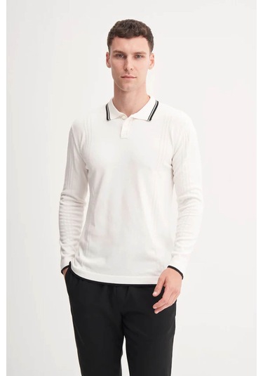 Cazador Çizgi Desenli Polo Yaka Ekru Erkek Kazak 33035 Ekru