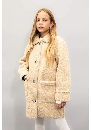 DeFacto Kız Çocuk Rüzgar Geçirmez Düğmeli Cepli Kaşe Parka C8555A824AUBG203 Bej