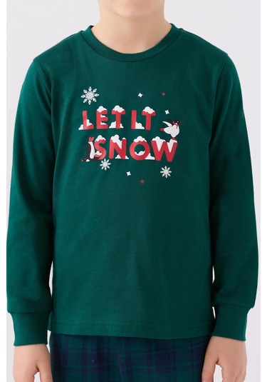 Arnetta 3131 Noel Let İt Snow Erkek Çocuk Yeşil Uzun Kol Pijama Takım Yeşil