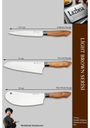 Light Brown Serisi Mutfak Bıçak Et Sebze 3 Lü Şef Bıçağı Mft-476 Kahverengi