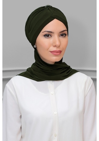 Haki Pratik Hazır Geçmeli Tesettür Bone Sandy Kumaş Taçlı Büzgülü (545491001) Haki