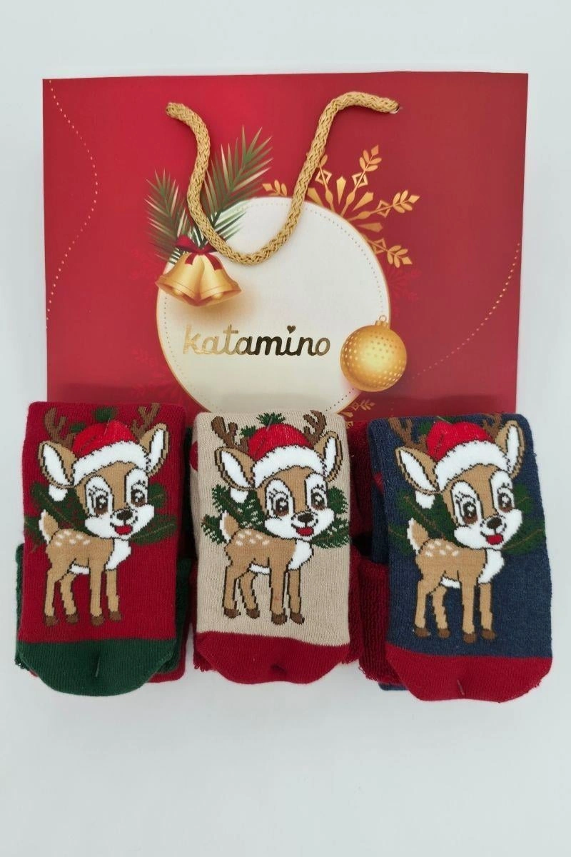 Katamino 3 Çift Unisex Kutulu Yılbaşı Hediyelik Yeniyıl Temalı Çocuk Soket Havlu Çorap