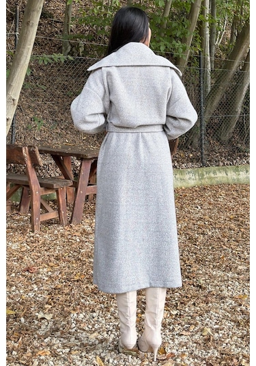 Gri Cepli, Balon Kol, Kemerli, Kalın Örgü Triko, Uzun Kaban Gri