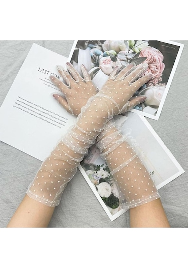 Uzun Boy Beyaz Puantiyeli Beyaz Renk Yetişkin Tül Eldiven Gelin Tül Eldiveni 55 Cm Çok Renkli