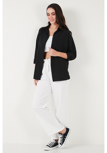 Lela Regular Fit Uzun Kollu Dokulu Bayan Gömlek 6772799 Siyah