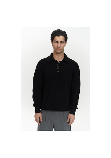 Vander Düğme Detay Siyah Erkek Triko Kazak Siyah