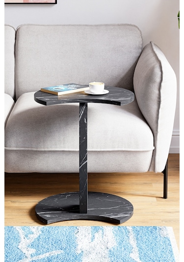 Jet Tekerlekli C Sehpa Koltuk Sehpası Yan Sehpa Zigon Sehpa Servis Sehpası Siyah Mermer