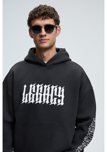 Grimelange ARMAND Erkek Kapüşonlu Kanguru Cepli Önü Baskılı Oversize Antrasit Sweatshirt