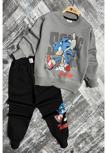 Sonic Desenli Gri Renk Erkek Çocuk Eşofman Takım Gri