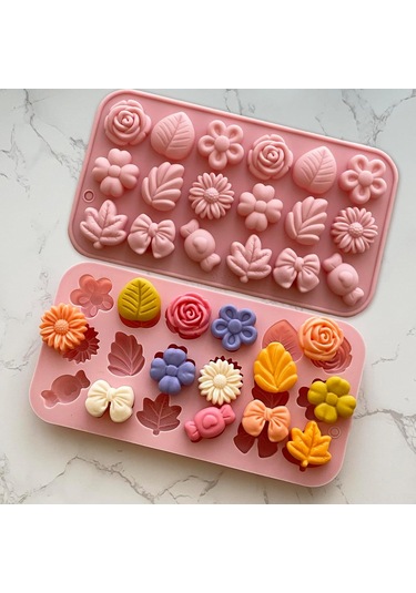 Shineyee 18 Bölmeli Silikon Kalıp Seti: Çiçek, Yaprak Ve Fiyonklu Tasarımlarla Pasta Ve Çikolata Yapımı İçin İki Parça Diğer