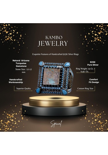 Doğal Turkuaz Taş Yüzük, Kare Tasarım - 925 Ayar Gümüş Erkek Yüzüğü, El Yapımı Şıklık Gümüş