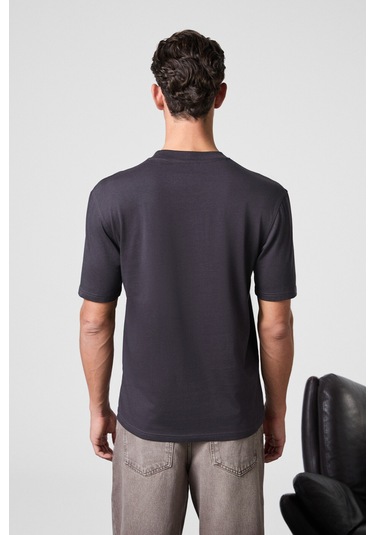 Solo Erkek %100 Organik Pamuklu Kalın Dokulu Comfort Fit Bisiklet Yakalı Füme T-Shirt