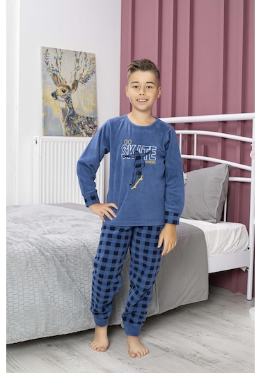 Yeni Sezon Sonbahar/kış Erkek Çocuk Skate Desenli Polar Pijama Takımı 4515-indigo İndigo