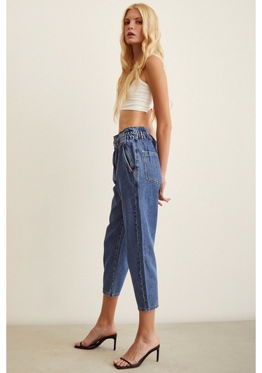 Never More Beli Lastikli Mom Jean Mavi