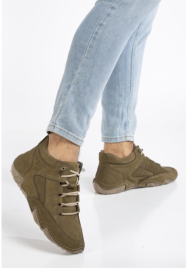 Hakiki Deri Nubuk Erkek Bot Haki Elastik Bağcıklı Saraçlı Taban-3486 Haki