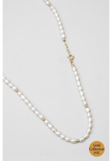 So Chic Doğal İnci Taşlı 42 Cm 14 Ayar Sarı Altın Kolye Sarı - Beyaz