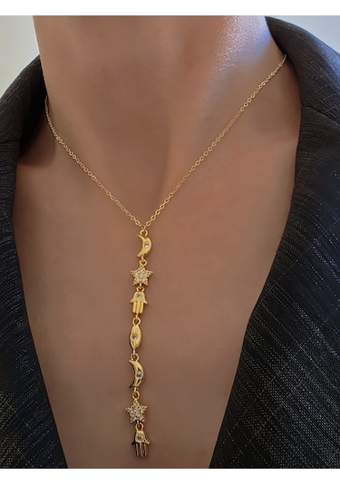 Manifest Y Dikey Sembollü Hamsa Ay Yıldız Figürlü Kolye Gold