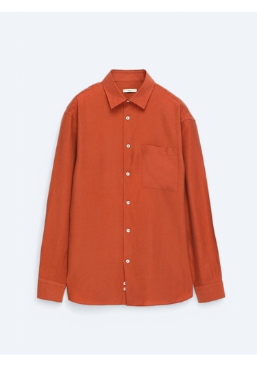 Kip Kiremit Düz Oversize Fit Dokuma Casual Gömlek Kiremit