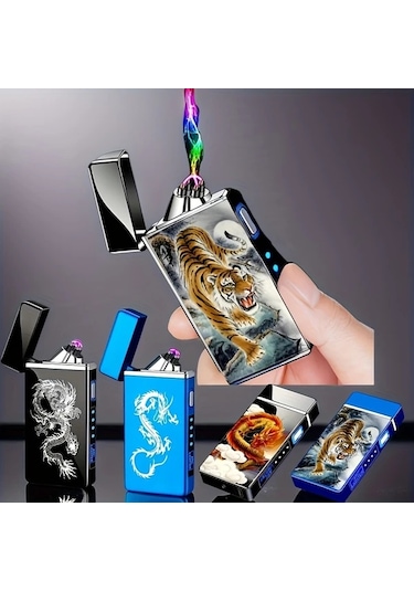 Willowhaven Siyah Kaplan Desenli Rüzggeçirmez Usb Şarjlı Plazma Çakmak El Feneri Siyah