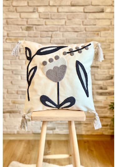 Swita Home Punch İşlemeli Tekli Dekoratif Özel Tasarım Kırlent Kılıfı Panç Beyaz - Lacivert