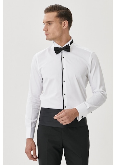 AC&Co / Altınyıldız Classics  ERKEK BEYAZ SIYAH Damatlık Ata Yaka Tailored Slim Fit Gömlek Beyaz