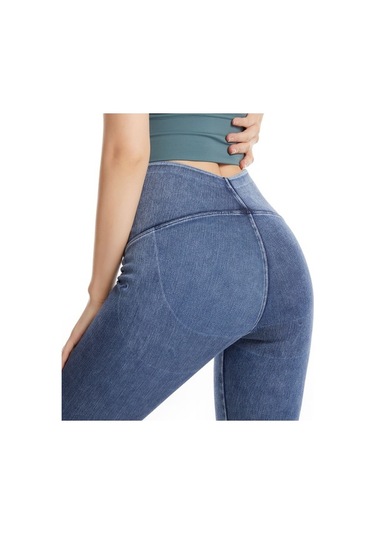 Fortunelane Kadınlar İçin Yüksek Bel Gövde Vurgulayan Esnek Yoga Spor Tayt - Lacivert Koyu Mavi Koyu Mavi