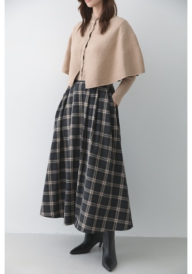 Antrasit Bej Deri Şeritli Ekoseli Etek - 4977 Antrasit - Bej