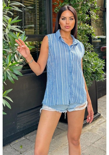 Kadın Mavi Çizgili Desen, Dokulu Bodrum Kumaş, Kolsuz Rahat Gömlek Mavi