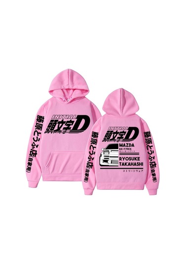 Japonya Anime İlk D Grafik Baskı Düzenli Unisex Bol Kesim Erkek Ve Kadın Yeni Moda Kostüm Cosplay Cool Ae86 Sweatshirt Pembe