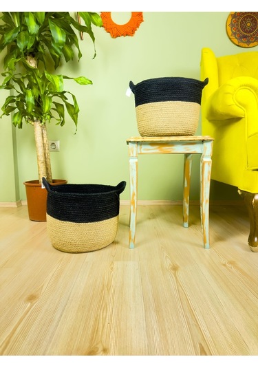 Bitki Tasarımı Düzenleyici Kulplu Üstü Siyah Şeritli Doğal Örgü Sepet İkili Set Büyük-orta