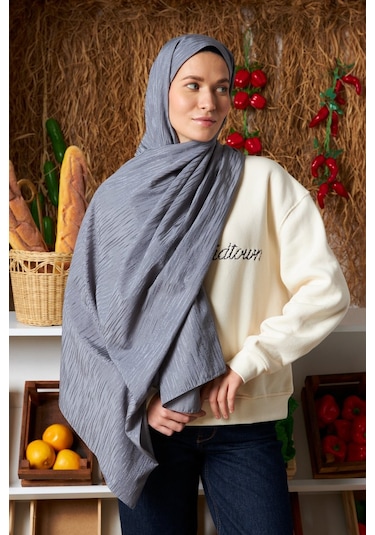 Mirsoy Scarf Ritmik Desen Pamuk Jakar Şal Koyu Gri