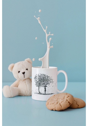 Kalp Yapraklı Hayat Ağacı Ve Kuş Baskılı Romantik Hediyelik Beyaz Kupa Bardak Beyaz-siyah