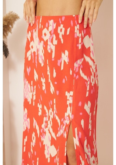 Kırmızı Desenli Yırtmaçlı Midi Etek Dm2014 Kırmızı