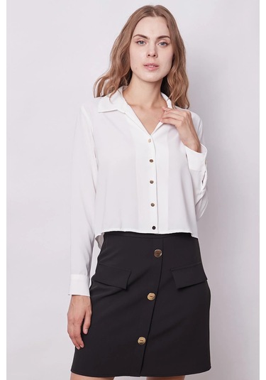 Kadın Likrasız Şık Kumaş Yakalı Uzun Kol Kısa Gömlek-krem Krem