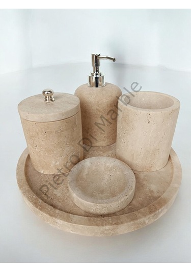 Sarı Traverten Klasik Model 5 Parça Gümüş Renk Düğme Aksesuarlı Banyo Seti Sarı Traverten