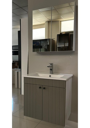 Banyo Dolabı Aynalı Cnc İşlemeli 65 Cm Gri Kulplu