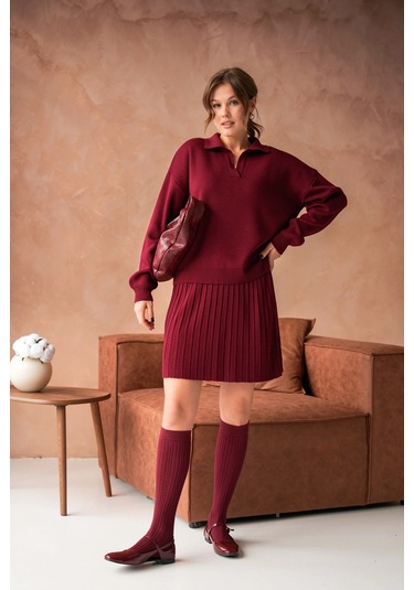 Kadın Polo Yaka Düşük Kol Kazak Kısa Etek İkili Triko Takım Bordo