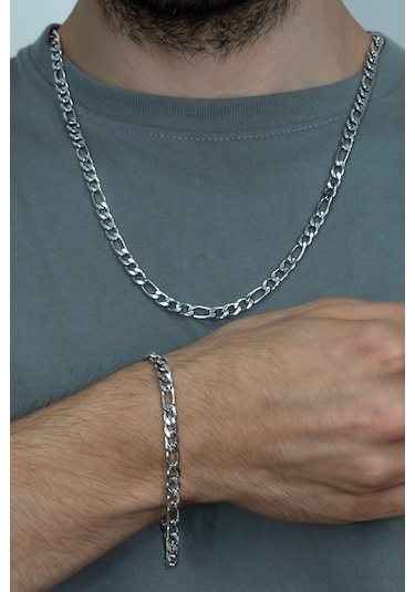 Figaro Erkek Çelik Kolye Bileklik Zincir Set Seçenekli Ack06T Beyaz